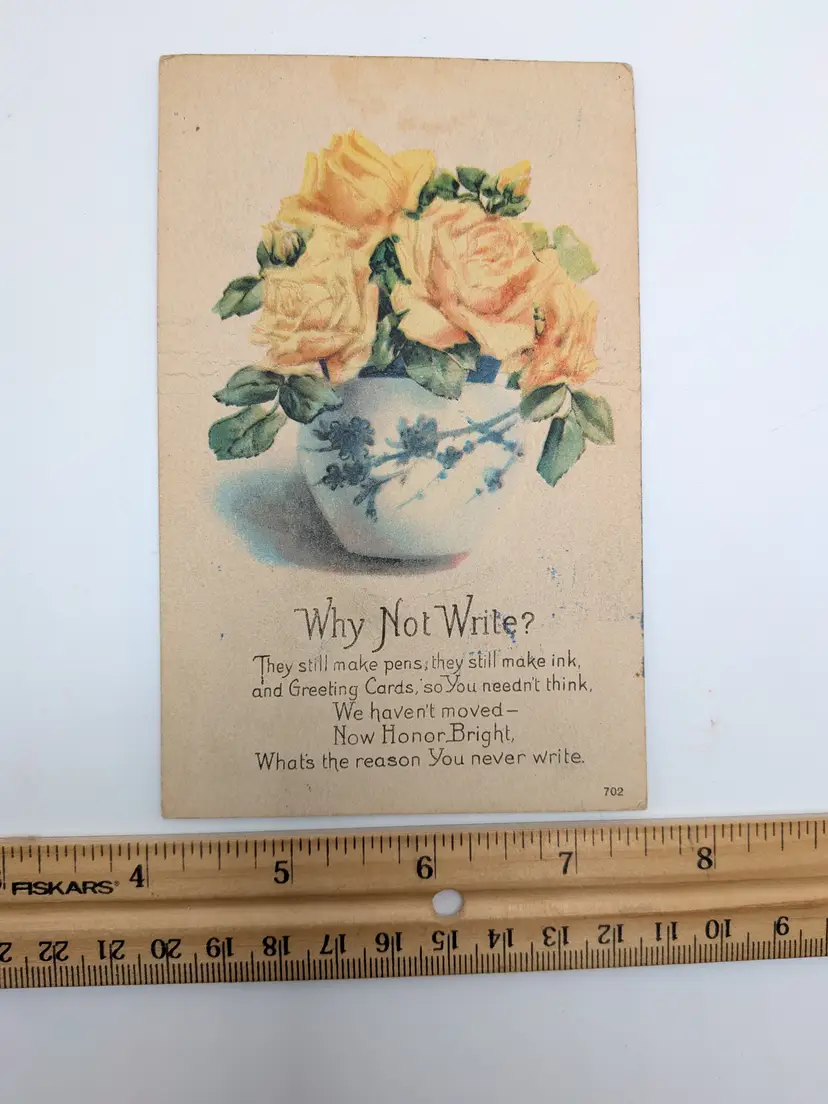 E49. ANTIQUE POSTCARD GREEN 1¢ STAMP POSTMARKED 1923 "Why not write" YELLOW FLOWERS