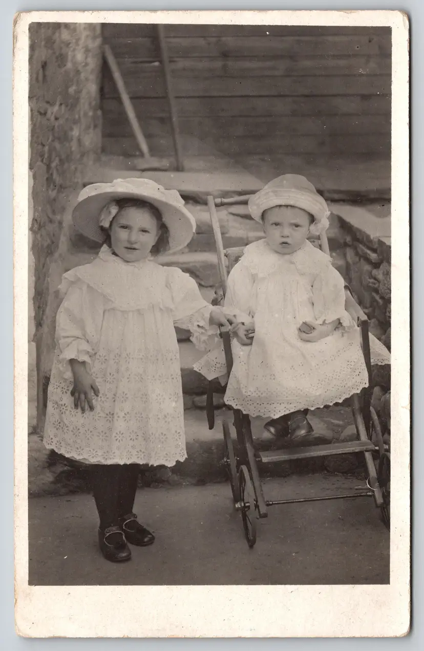 Postcard RPPC Sisters White Lace Dress Holding Hands Mini Book Real Photo Pram - 9127