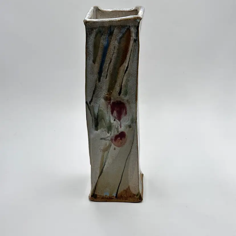 Art Pottery Signed Wisconsin Artist Rich Agness Stoneware Tall Square Vase Cherry Abstract