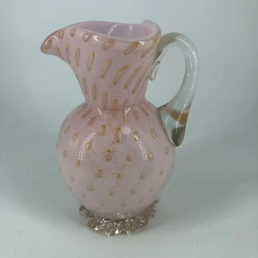 Vintage Murano Hand-Blown Art Glass Pink with Gold Bullicante Pitcher