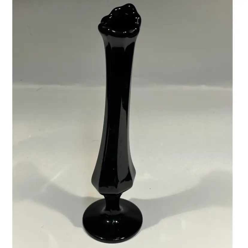 Black Glass -8 Sided -Pedestal-Swung Bud Vase - 8.5” Vintage