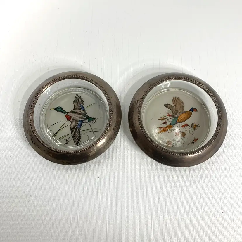 Frank Whiting Sterling Silver Coasters Frosted Glass Pheasant Mallard 1940s Vintage