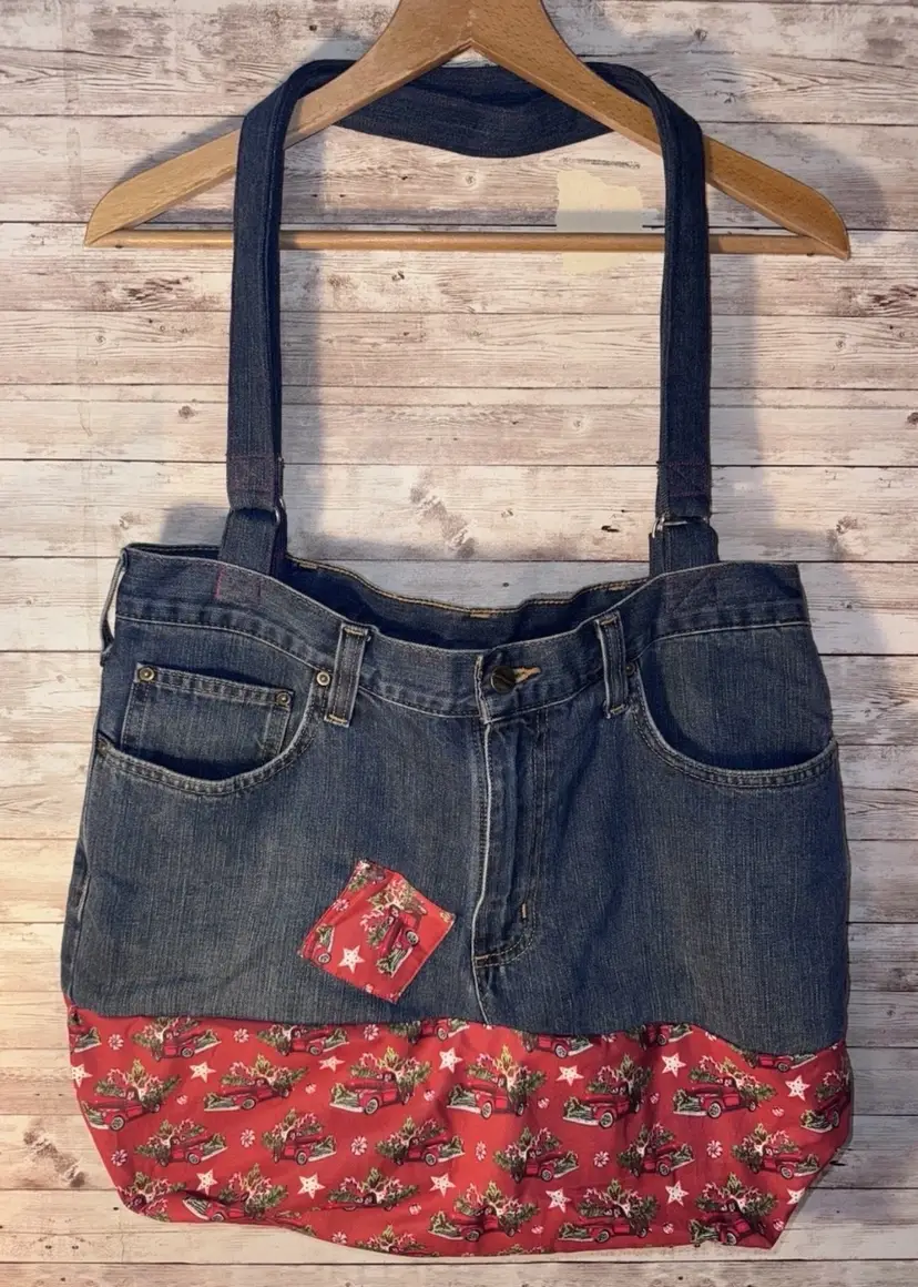 Red Truck Jeans Handmade Large Recycled Bag Tote Beach, Groceries, Work Or Purse