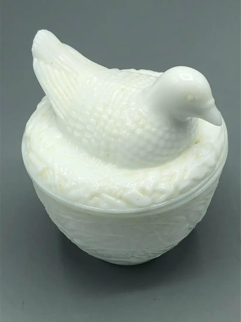 Avon milk glass bird on nest dish