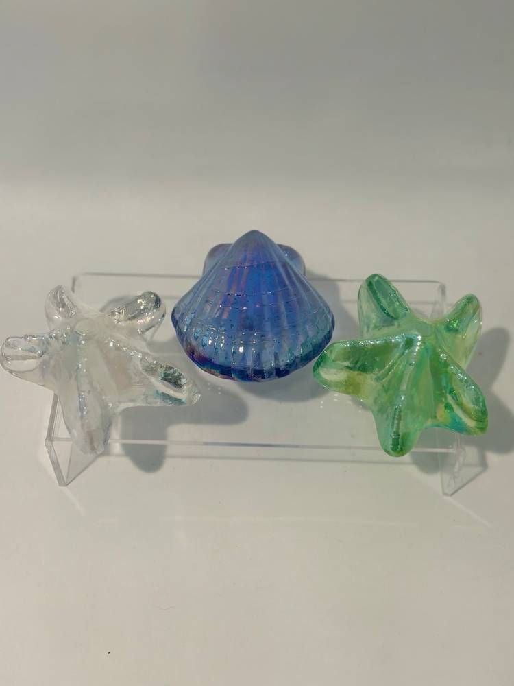 Set Of 3 Solid Glass Starfish & Shell Paperweights Nautical Beach Decor