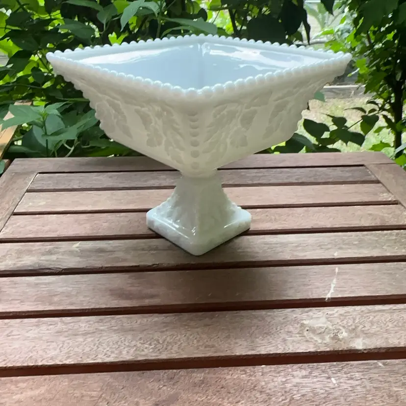Vintage Westmoreland Grape Paneled Beaded Pedestal Milk Glass Compote