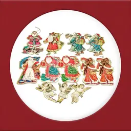 12 Vintage Commodore Cardboard Foil Die Cut Christmas Ornaments Santas Angels