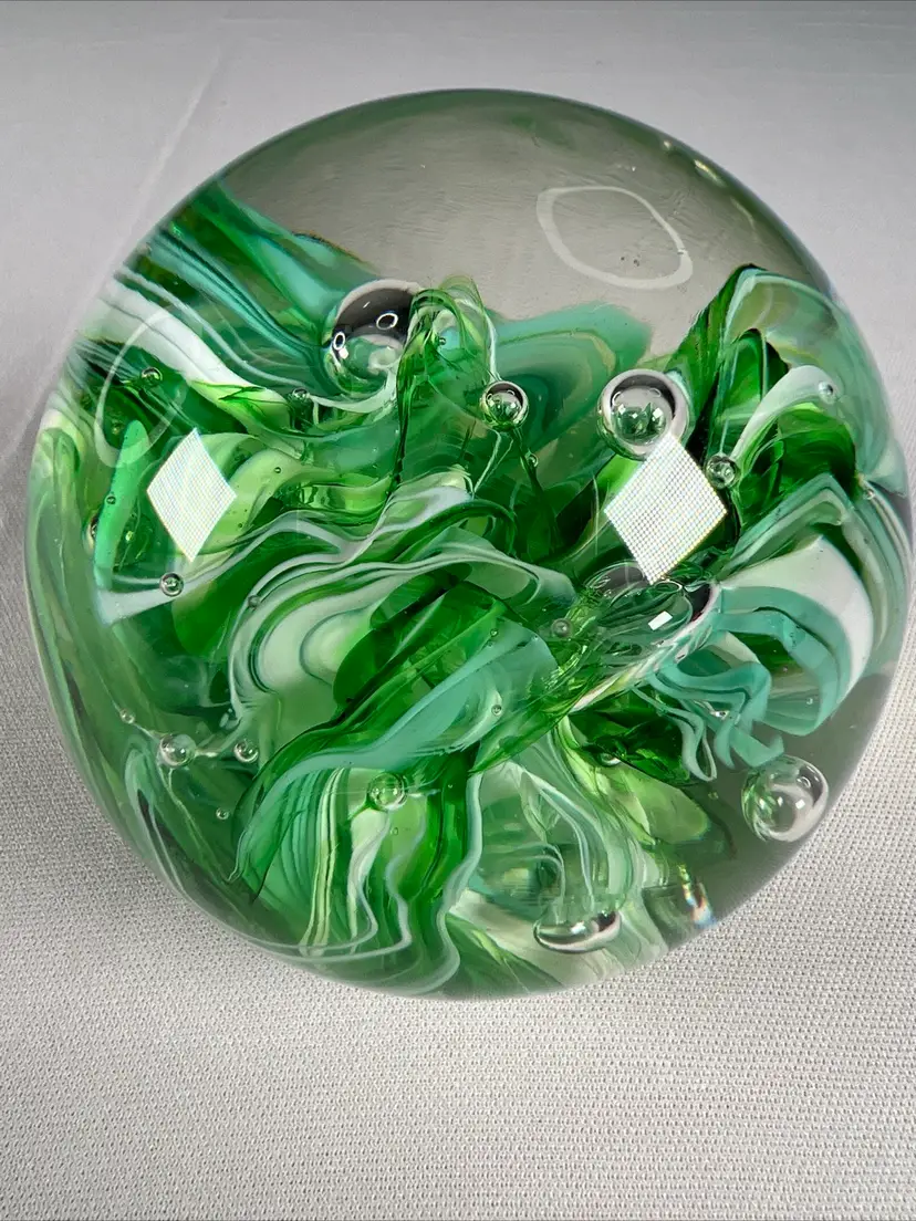 Art Glass Cotton Candy Paperweight Green White Swirls With Floating Bubbles EUC