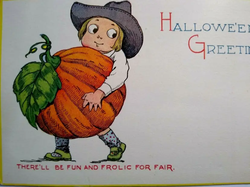 Vintage Halloween Postcard Gibson Farmer Boy & Pumpkin Original Unused Antique