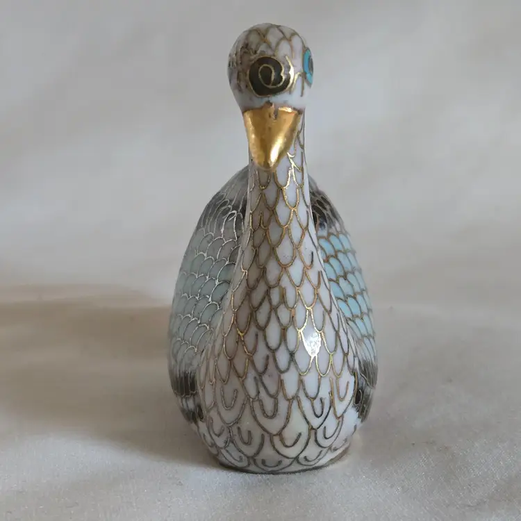 Cloisonné Enamel Swan Figurine Crane Bird Plated Brass 2½" Long Approximately Unbranded Vintage