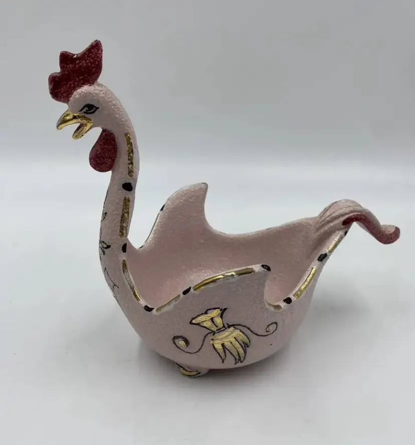 Vintage Aldo RAYMOR LONDI BITOSSI Pink Red Pottery Rooster Candy Dish Bowl Italy