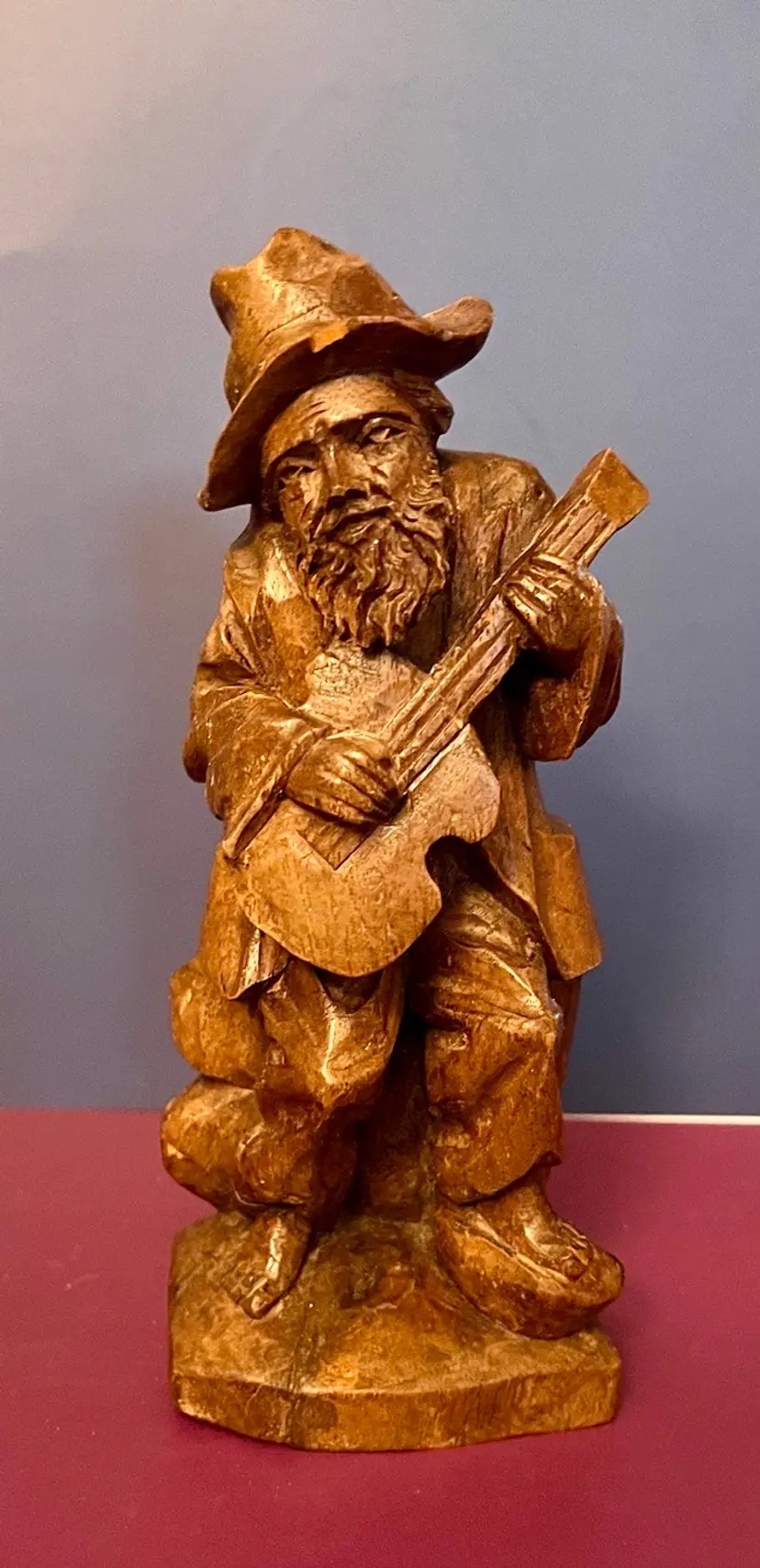 Vintage Hand Carved Barefoot Traveling Old Man With Guitar