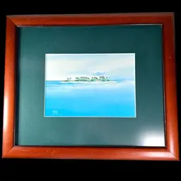 1998 Carol Garvin Tropical Island 🏝️ ‘Shallow Water Blues’ Watercolor Painting Card. Signed, Matted, and Framed In Glass. Artist & Framing Info Cards On Back.