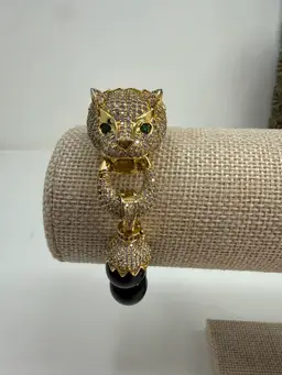 Vintage Black Beaded Gold-Tone Panther Head Bracelet With Rhinestones