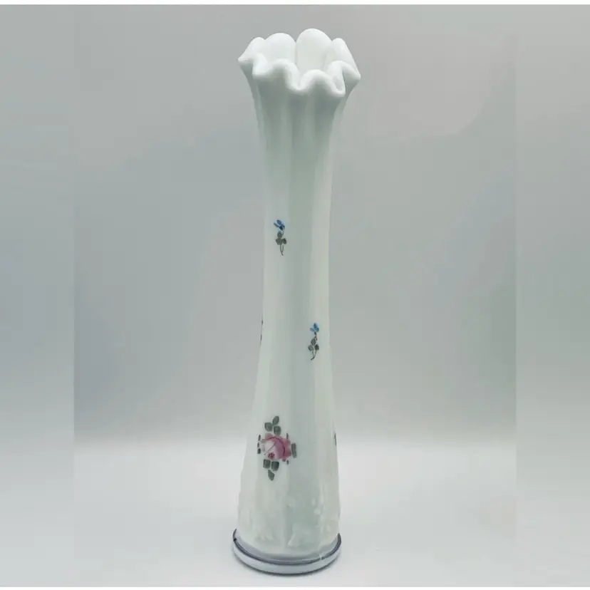 Westmoreland, Swung, Milk Glass, Bud Vase, Hand Painted, Floral, 9.5”