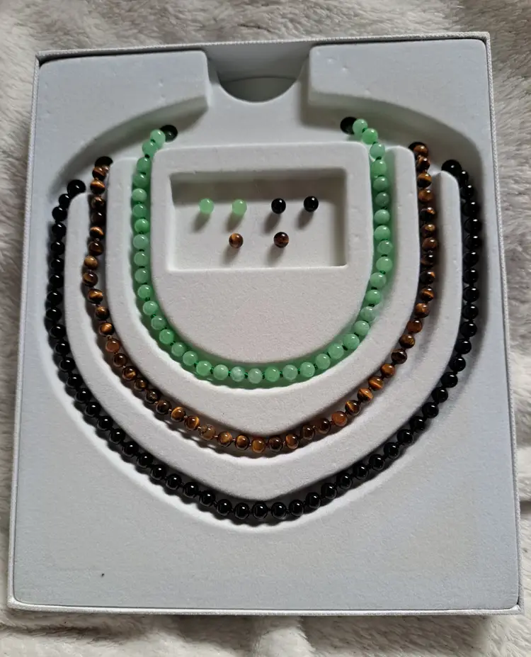 New in Box set of 3 Necklaces and Matching Post Pierced Earring, Jade, Tiger Eye and Onyx