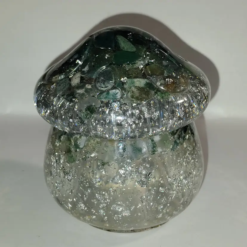 Resin / Acrylic Mushroom Trinket Box, Stash Jar with Real Silver Flake and Green Stone Inclusions