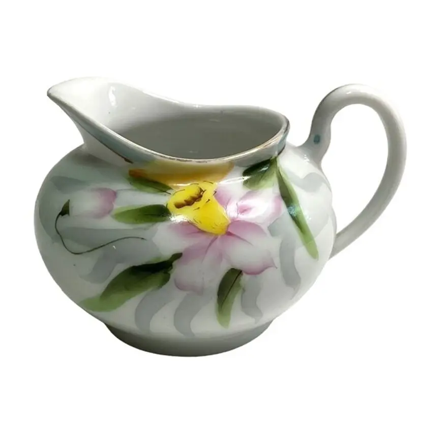 Atq Nippon Floral Bone China Creamer circa 1920s White w/Purple Yellow Florals