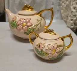 Vintage Hull Art Pottery Pink Flowers and Gold Trim Teapot And Sugar Bowl USA
