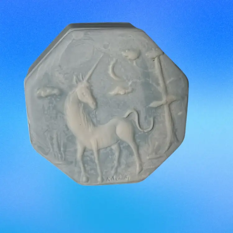 This is a vintage Incolay Stone trinket box With A Unicorn On It. Artist Signed.