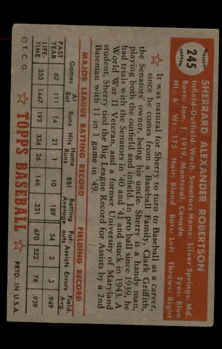 1952 Topps #245 Sherry Robertson - (pk-tl1) - Washington Senators