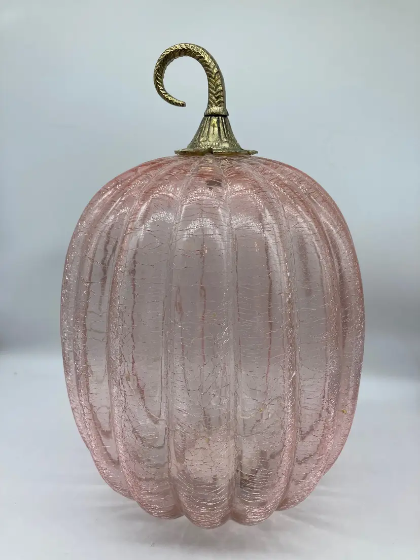 Tall Pink Glass Pumpkin with Lights, Metal Stem