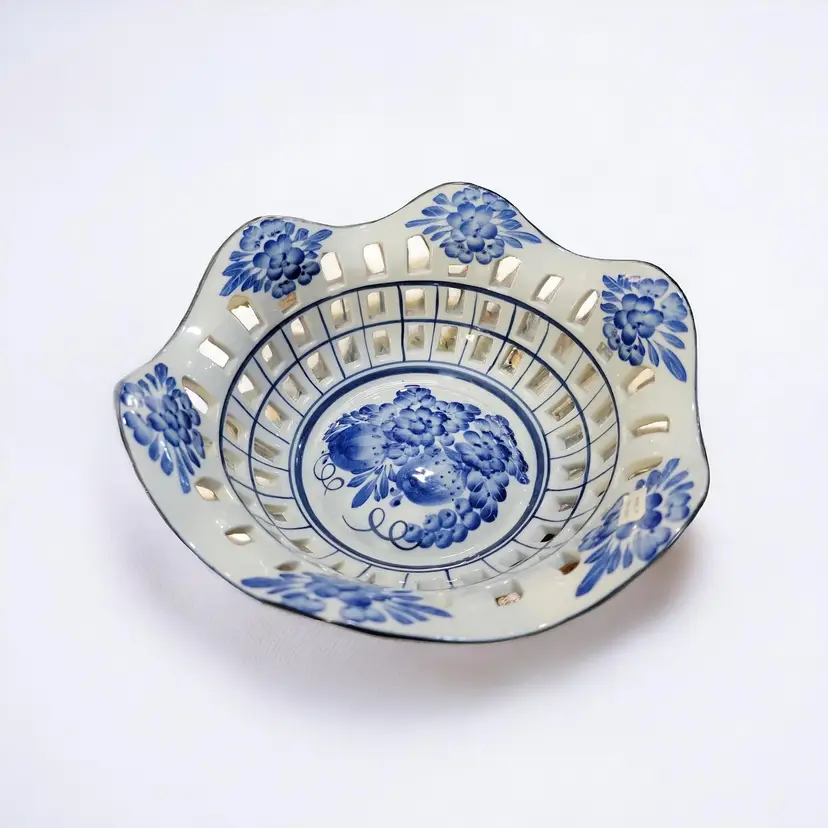 Reticulated Blue White Fruit Bread Bowl Floral Hand Painted 8" Easter Serving Basket