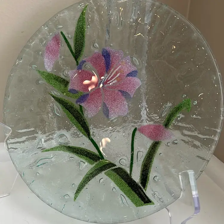 Vintage Signed Bill Sydenstricker Fused Art Glass Plate Pink Purple Flowers