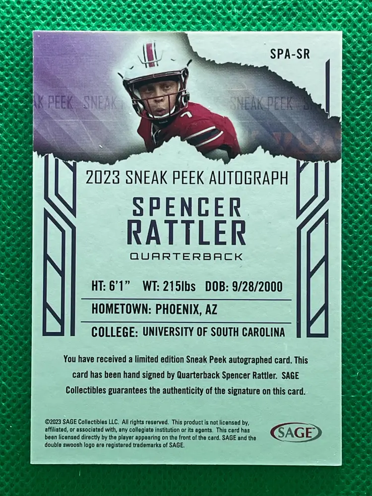 Spencer Rattler 2023 SAGE HIT Sneak Peek Autographs Red #SPA-SR New Orleans Saints