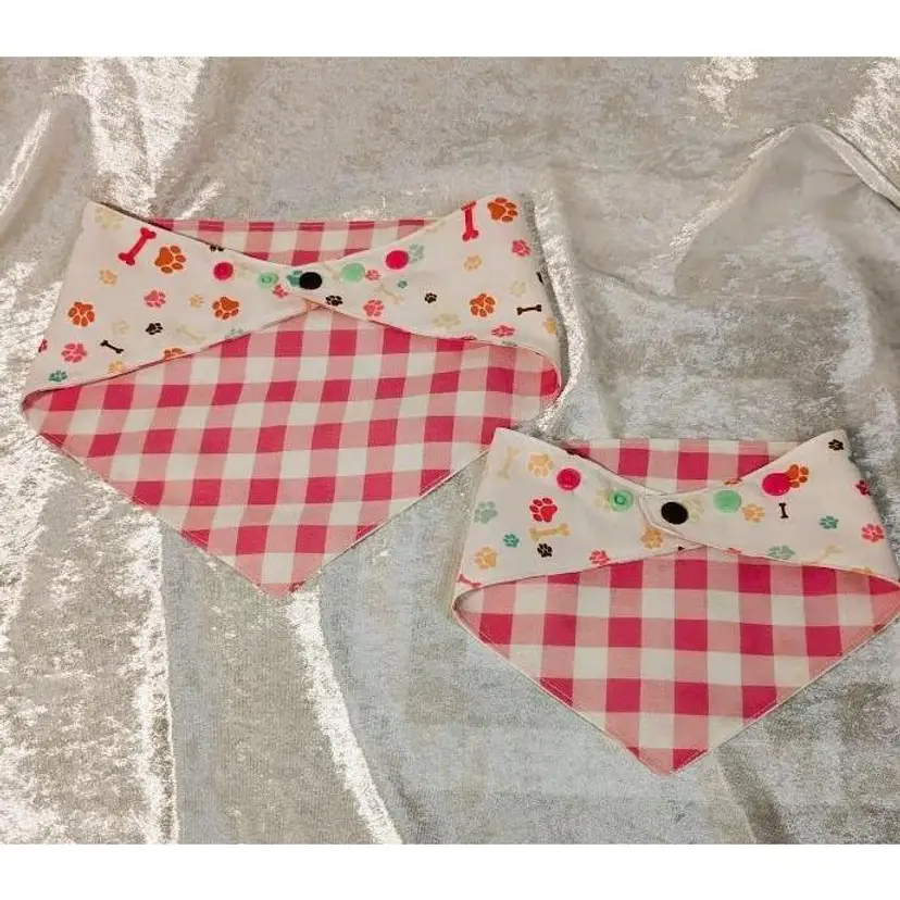 Dog Bandana Reversible and Adjustable Fit, Handmade, Medium Size, Rainbow with Pink Gingham