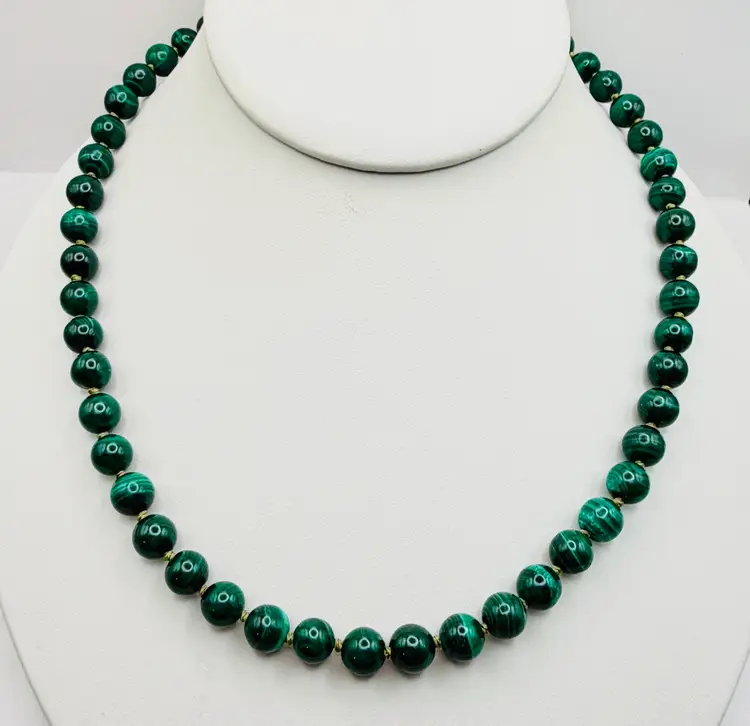 VTG Malachite Stone Bead Necklace 21” Adjustable Sterling Chain & Clasp