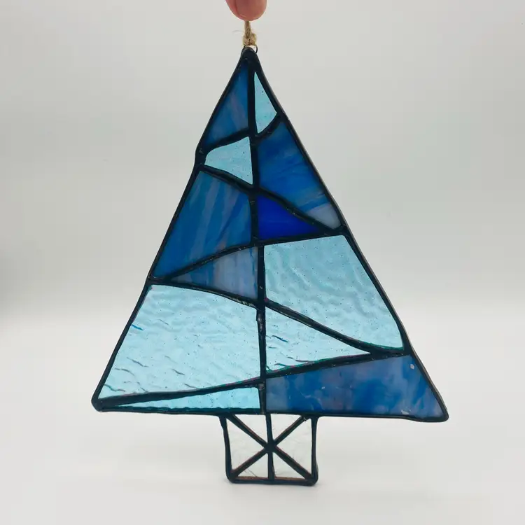 Handmade Stained Glass Christmas Tree Blue Ornament Wall Hanging Garden Decor Suncatcher
