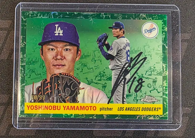 Yoshinobu Yamamoto 2025 Topps Chrome Platinum Green Toile Refractor /99 Los Angeles Dodgers