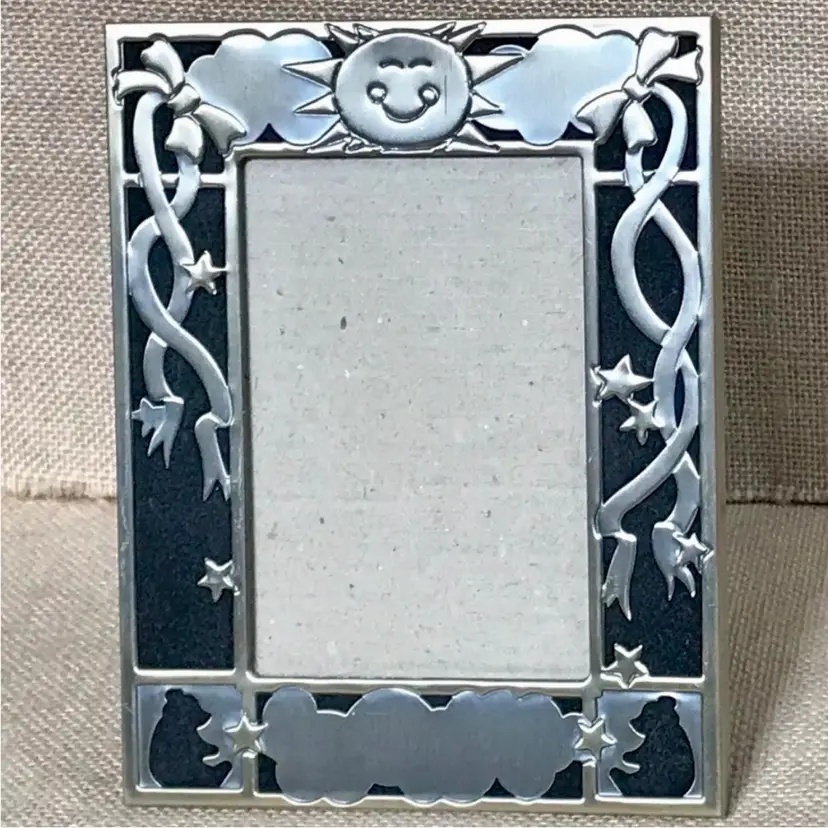 Vintage Pewter Cased Black Velvet Teddy Bear Picture Frame Whimsical Playful Fun