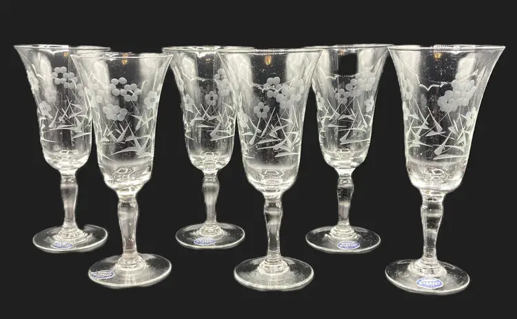W.T. Grant Handcut Glass Goblet - Set of 6 Etched - New Old Stock - Vintage