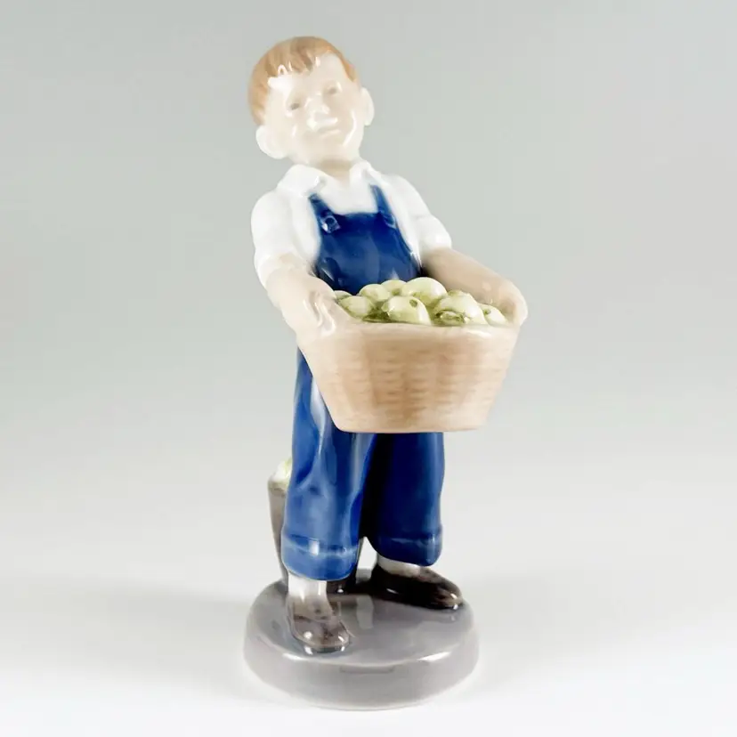Vintage Royal Copenhagen Denmark, Boy with Apples Hand-Painted Porcelain Figurine, October Figurine of the Month #4532