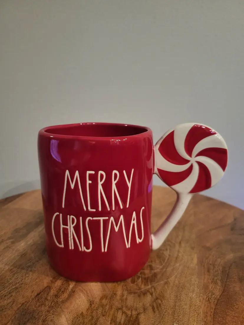 Rae Dunn "Merry" Red White Mug With Peppermint Handle Christmas