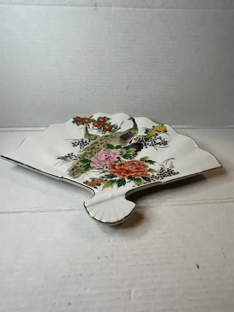 Vintage Japanese Porcelain Fan Trinket Dish Peacock W/ Flowers Scalloped Edge
