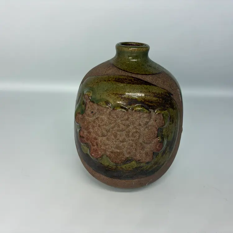 Beautiful Raised Floral Relief Moss Green Glazed And Brown Matte Stoneware Vase Gorgeous TAKAHASHI Pottery Drip Glaze 5” Vase Abstract Floral Pattern, Japan