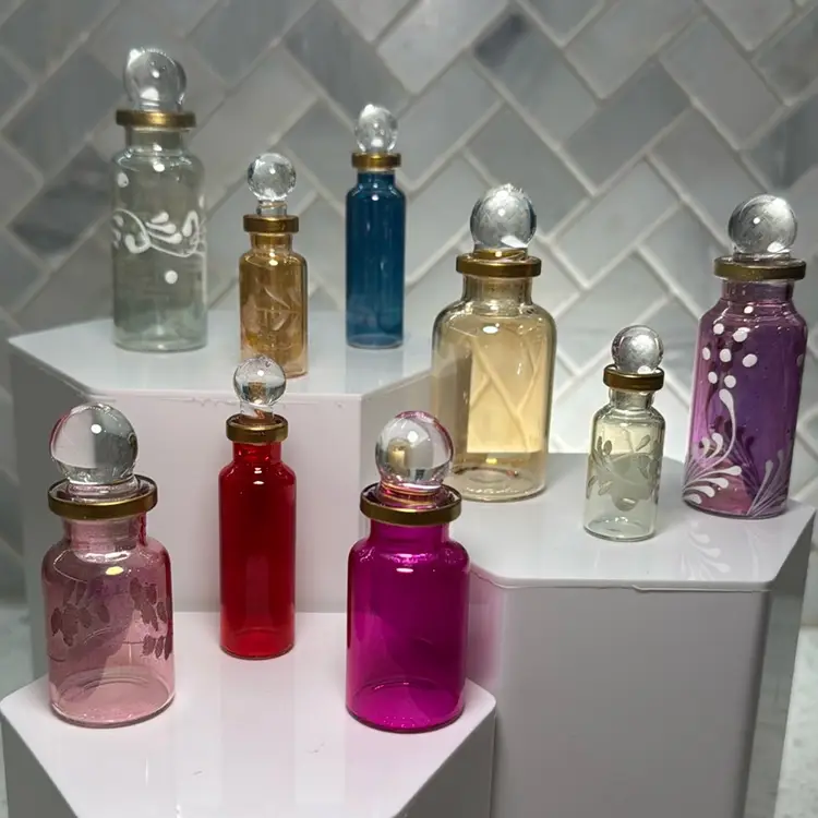Egyptian Perfume bottles, Empty Glass Mini Bottles for Perfume, Essential Oils or Potion - Set of 9 Decorative Small Vials, Each 2"-3” High, Assorted Colors