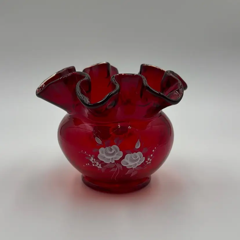Fenton Ruby Red Ruffled Edge Rose Bowl Vase Hand Painted Artist Signed