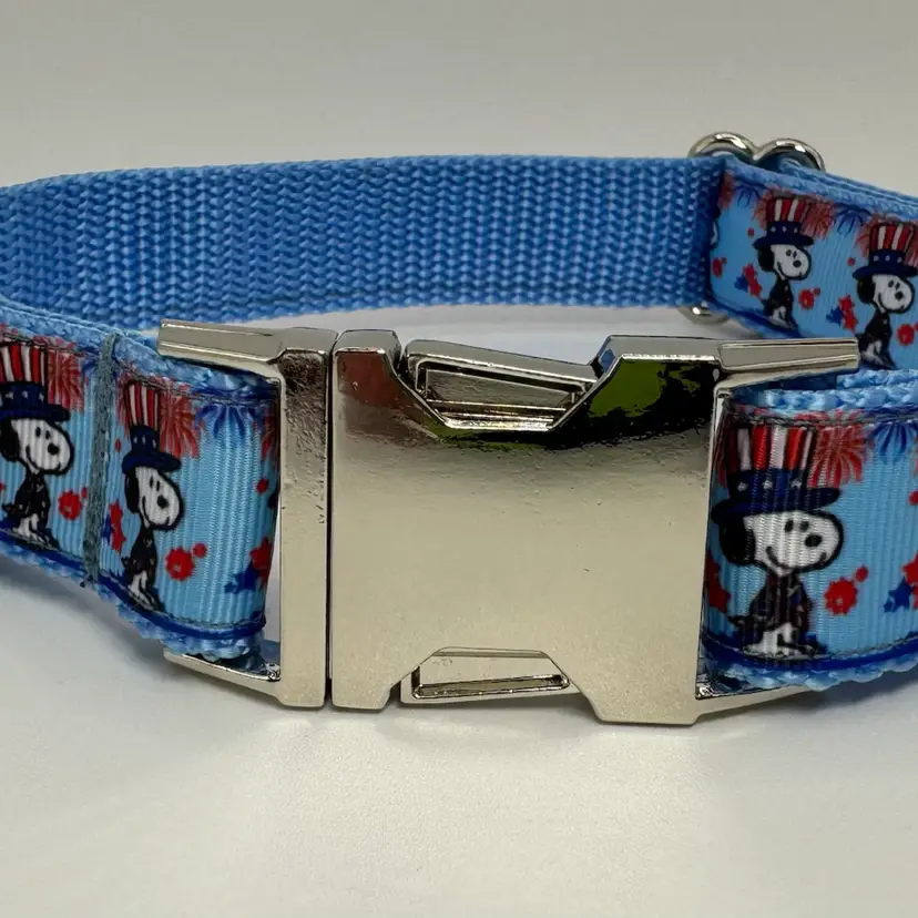 Dog Collar Blue Snoopy Peanuts 4th Of July Large Handmade Heavy Duty Metal Buckle New
