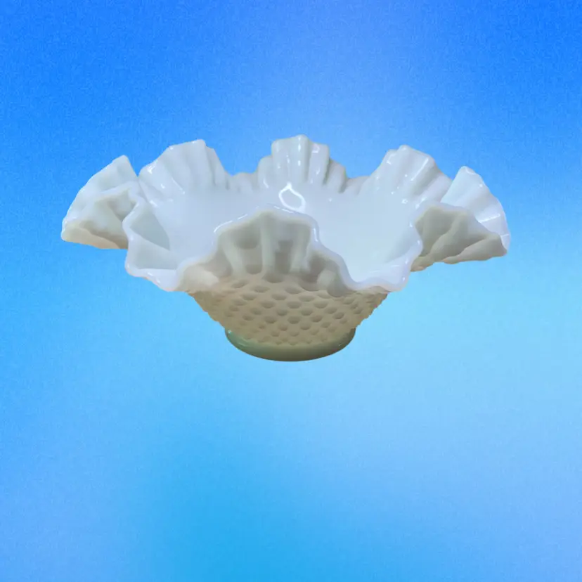 45. Vintage Fenton White Milk Glass Hobnail Crimped Ruffled Edge Bowl 11”