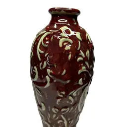 Unmarked Ceramic Vase With Textured Embossed Surface Glossy Rich Red Glaze With Green (celadon? )accents @ 9 1/2” Tall