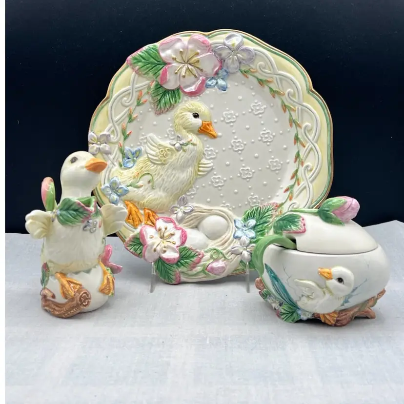 #2091B Vintage Fitz and Floyd Garden Rhapsody Set - Ceramic Duck Canape Plate, Duck Shape Cream Pitcher, Lidded Sugar Bowl Shaped Like an Egg with its Original Spoon