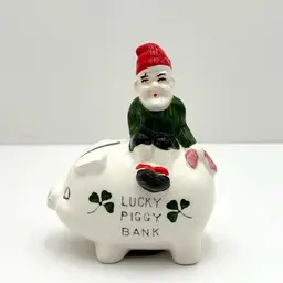 Vintage Ceramic Lucky Bank With Pixie Piggy Bank