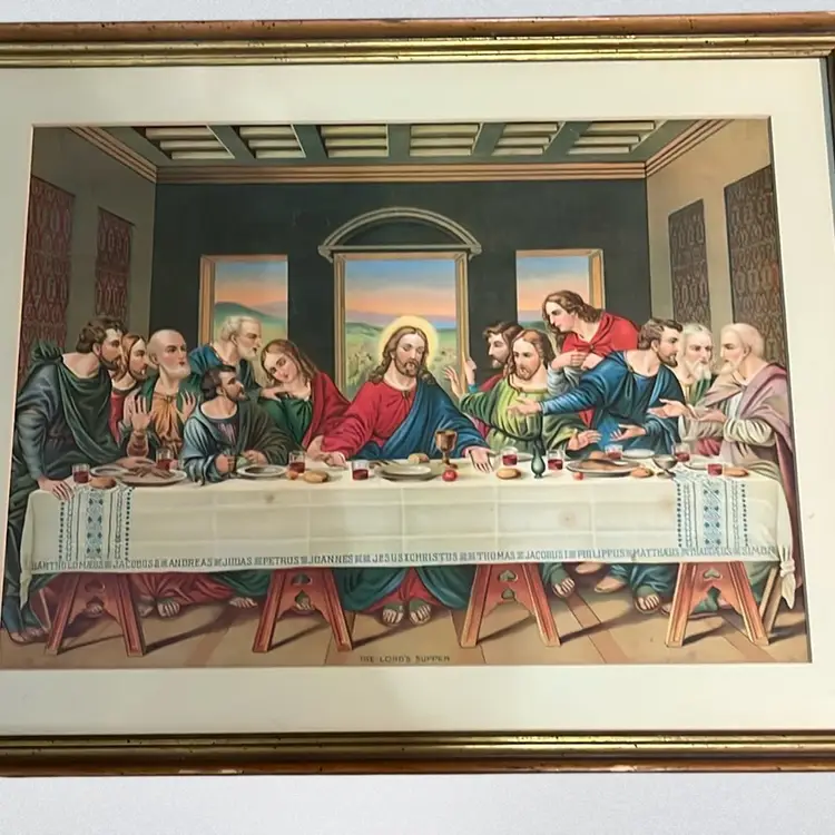 A framed vintage print depicting "The Lord's Supper" with apostles' names.
Print Is 16 X 12 “
Framed 20 x 16”