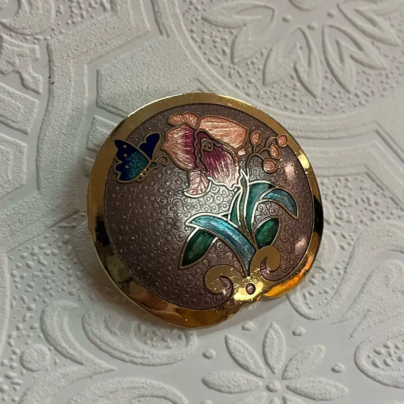 #J63 - Vintage SITI Enamel Cloisonne Butterfly Pendant Gold Tone