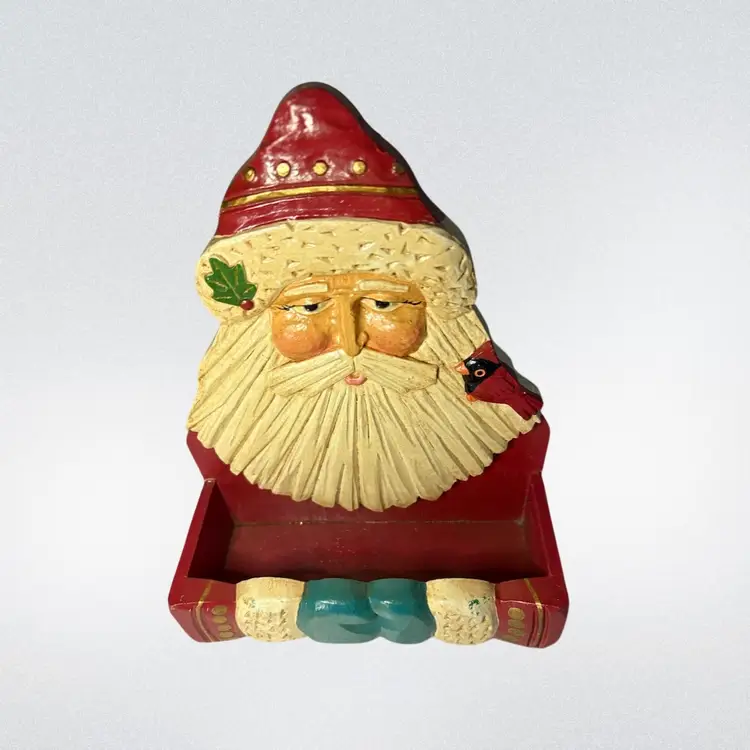 Vintage Winter Wind Studio Hand-Carved Santa Figurine with Cardinal