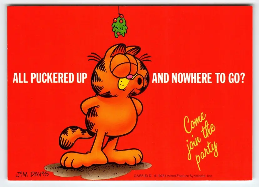 Garfield Cat Christmas Party Postcard All Puckered Up Kiss Jim Davis 1978 Tabby